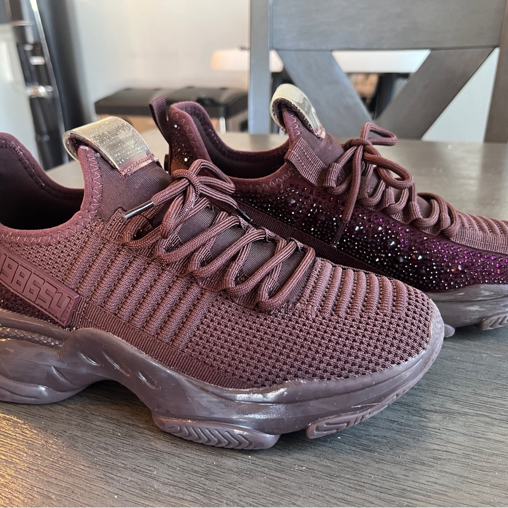 Steve Madden Maroon Sneakers with Knit Upper and Sleek Design and rhinestones